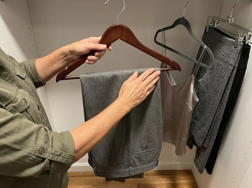 Hand settling a tailored trouser onto a LOHAS curved wooden suit hanger's locking bar