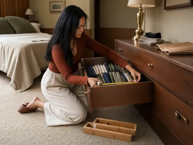 0-HERO IMAGE Person measuring the interior width of an open dresser drawer with a metal tape measure