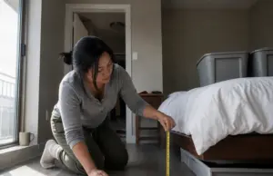 Bedroom Storage Ideas for Small Rooms That Hold Up Woman measuring under-bed clearance with a tape measure in a small rental bedroom with storage bins nearby