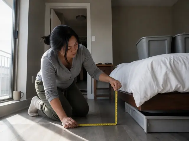 Woman measuring under-bed clearance with a tape measure in a small rental bedroom with storage bins nearby