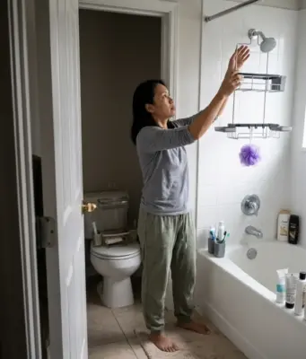 Best Shower Caddies for Renters and Shared Baths Woman setting up a hanging shower caddy on a fixed showerhead in a compact townhouse bathroom