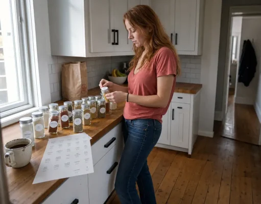 Best Spice Jar Labels That Survive Oil and Steam Woman applying round spice jar labels to glass jars on a kitchen counter in morning light