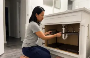 Best Under Sink Organizers for Bathroom Cabinets Woman kneeling at an open bathroom vanity fitting an expandable under sink organizer around the pipe