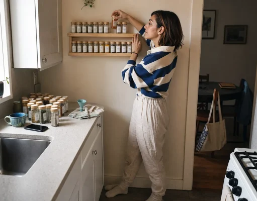 9 DIY Spice Organization Ideas That Survive Month Three DIY spice organization ideas — homemade wall shelf holding refilled glass spice jars in a small kitchen