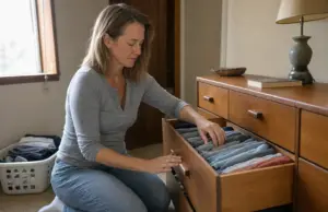 7 Dresser Organization Steps That Hold Past Week One Woman kneeling at an open dresser drawer of file-folded clothes in a sunlit bedroom