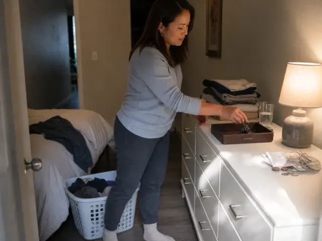 Woman sorting a cluttered dresser top into a catch-all tray in a rental bedroom