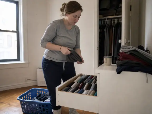 Woman file-folding t-shirts into a dresser drawer to save space in a small rental bedroom