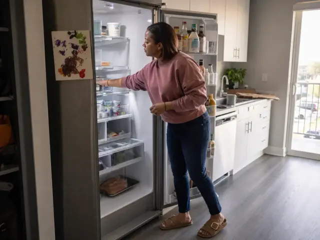 Woman reaching into an organized refrigerator with clear bins and labeled zones on every shelf