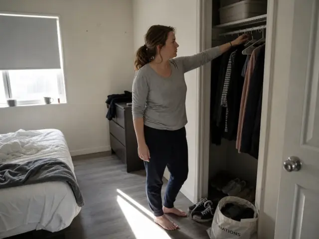 Woman mid-way through organizing a small bedroom, donation bag on the floor and closet open