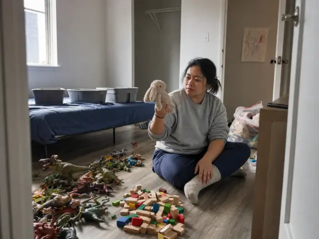 Mother sorting toys into piles on the floor while organizing kids room in a rental apartment