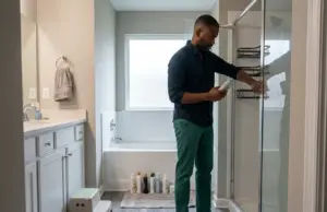 How to Organize Shower Products in a Shared Bath Man sorting shower products into two corner caddies while organizing a shared bathroom shower