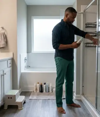 How to Organize Shower Products in a Shared Bath Man sorting shower products into two corner caddies while organizing a shared bathroom shower