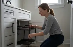 5 Steps to Organize Under Bathroom Sink for Good Woman organizing under a bathroom sink cabinet with a two-tier expandable shelf around the pipe
