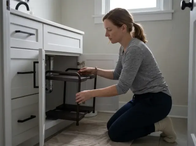 Woman organizing under a bathroom sink cabinet with a two-tier expandable shelf around the pipe