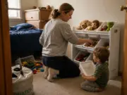 Kids Bedroom Organization That Survives Week Three Mom and young son sorting toys into open bins during a kids bedroom organization reset
