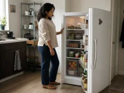 Refrigerator Organization Before You Buy a Single Bin Organized refrigerator interior with labeled clear bins on each shelf in a small apartment kitchen