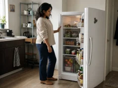 Refrigerator Organization Before You Buy a Single Bin Organized refrigerator interior with labeled clear bins on each shelf in a small apartment kitchen