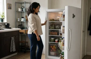 Refrigerator Organization Before You Buy a Single Bin Organized refrigerator interior with labeled clear bins on each shelf in a small apartment kitchen