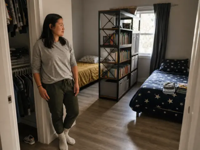 Shared kids room organization with two labeled zones, low closet rod, and a bookshelf divider between beds