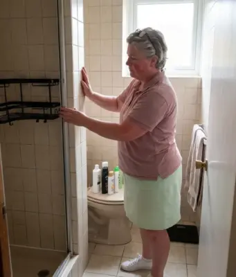 Shower Organization for Small Bathrooms That Fits Woman setting up shower organization for small bathrooms with a corner caddy in a narrow tiled stall