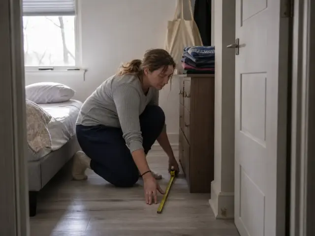 Woman measuring bedside floor clearance with a tape measure in a small bedroom before arranging furniture