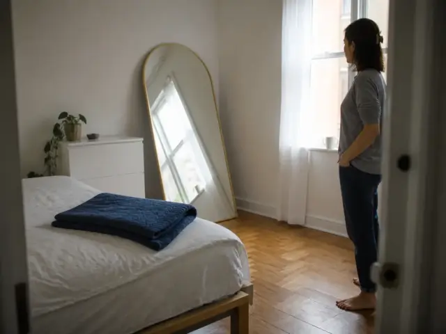 0-small-bedroom-look-bigger-leaning-mirror-rental Small rental bedroom with a leaning arched mirror reflecting window light to make the room look bigger