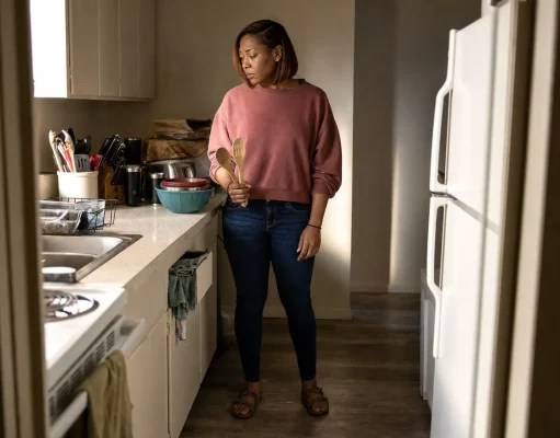 Why Your Small Kitchen With Few Drawers Stays Cluttered Woman standing in a small rental kitchen with only two drawers and utensils stacked on the counter