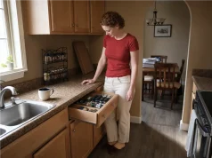 Spice Drawer vs Spice Rack? Your Tape Measure Decides Spice drawer open below a countertop spice rack in a kitchen, both storage options side by side