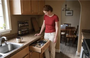 Spice Drawer vs Spice Rack? Your Tape Measure Decides Spice drawer open below a countertop spice rack in a kitchen, both storage options side by side