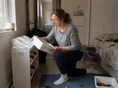 Toy Storage Ideas for Small Spaces That Hold Up Mother sorting toys into a three-tier bin organizer in a small kids bedroom with toy storage on the wall
