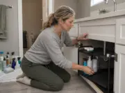 How to Organize Under a Bathroom Sink That Stays Neat Woman kneeling at an open bathroom vanity organizing under sink storage with a two-tier expandable shelf