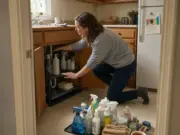Under Sink Kitchen Organization That Fits Real Pipes Woman kneeling at an open under sink kitchen cabinet with an expandable two-tier organizer around the pipes