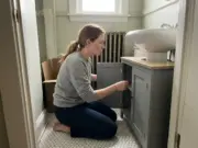 Under Sink Storage With a Pedestal Sink and No Cabinet Woman kneeling beside a pedestal sink with a wrap-around under sink storage cabinet in an older bathroom