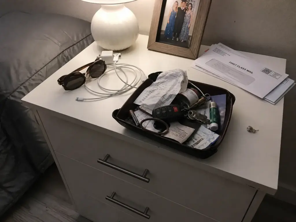 Cluttered dresser top with keys, receipts and a charger piled around an overfilled tray