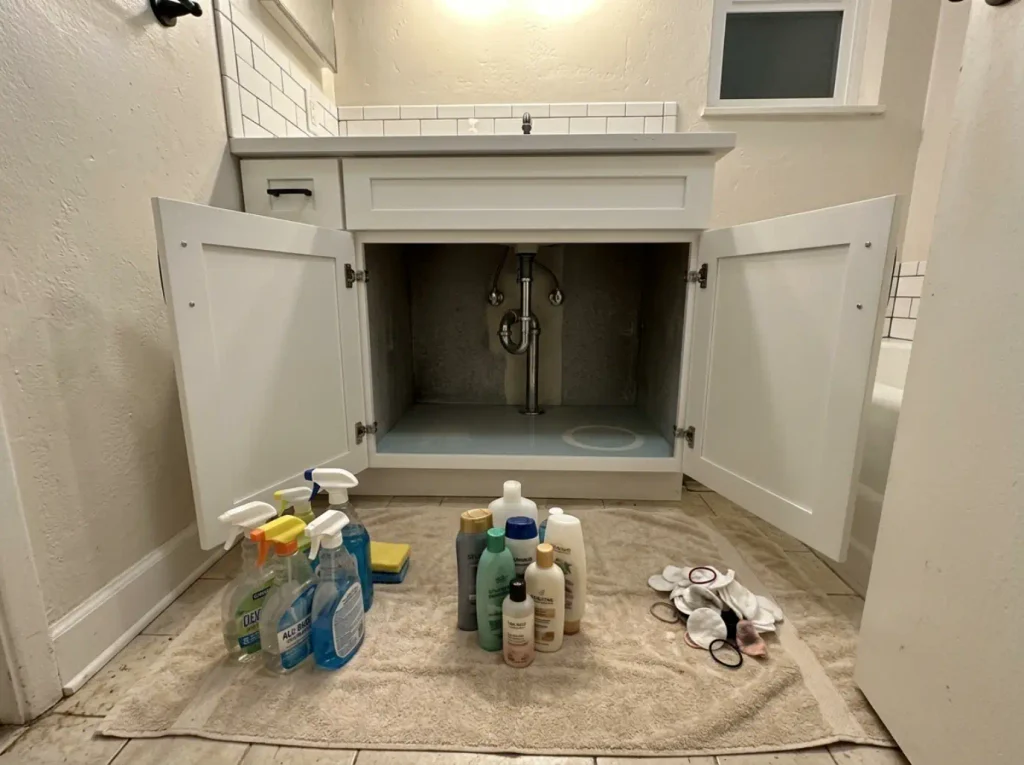 Everything removed from under a bathroom sink and sorted into piles on a towel on the floor