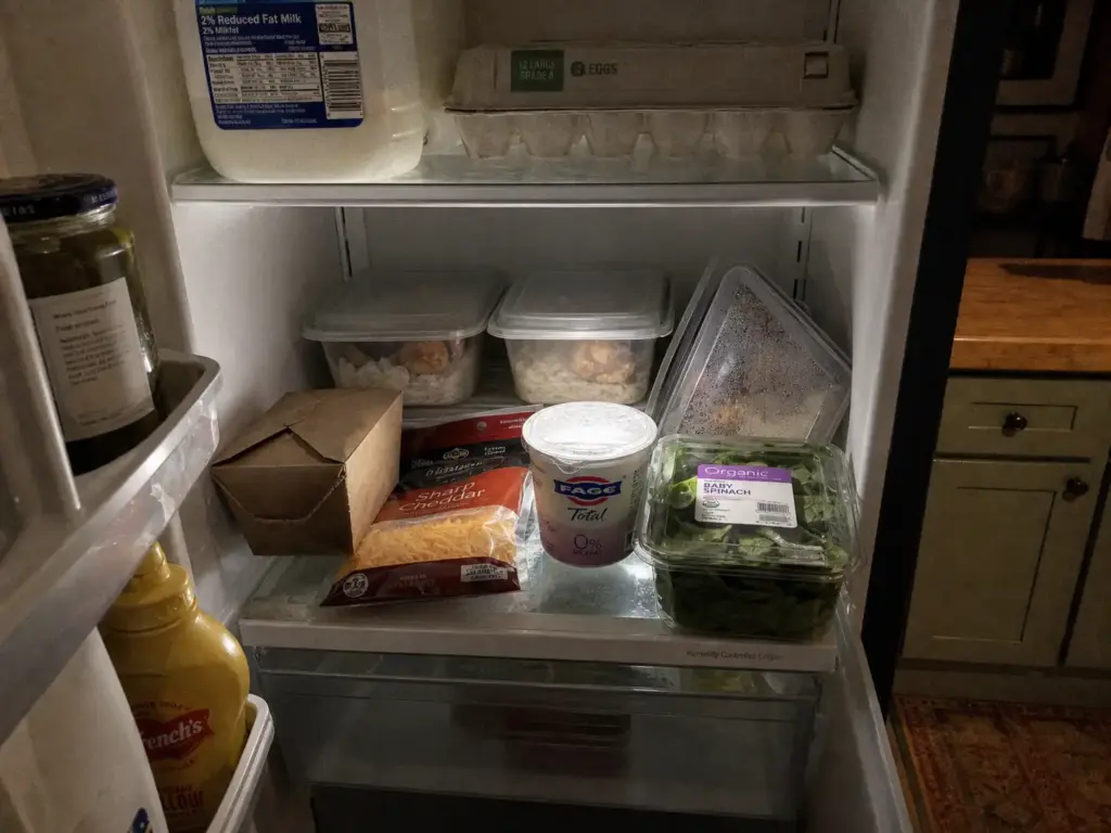 Crowded fridge shelf with unlabeled containers pushed to the back behind newer groceries