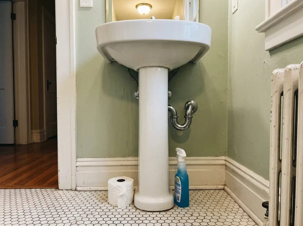 Pedestal sink with exposed P-trap and bare floor showing the interrupted space under the basin
