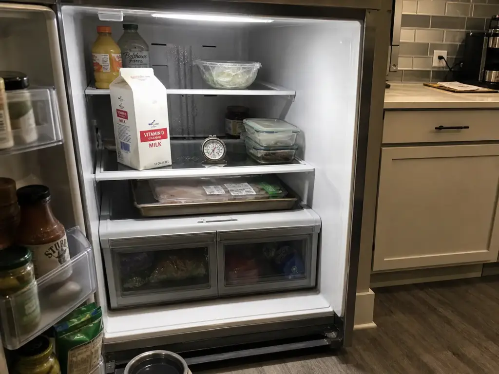 Refrigerator thermometer sitting on the center of a middle fridge shelf beside milk and leftovers