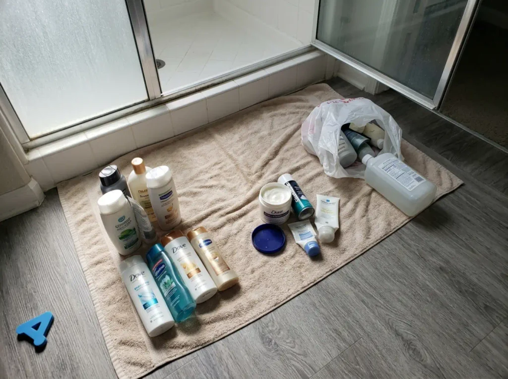 Shower products emptied onto a bathroom floor towel and sorted into daily, occasional and backup piles