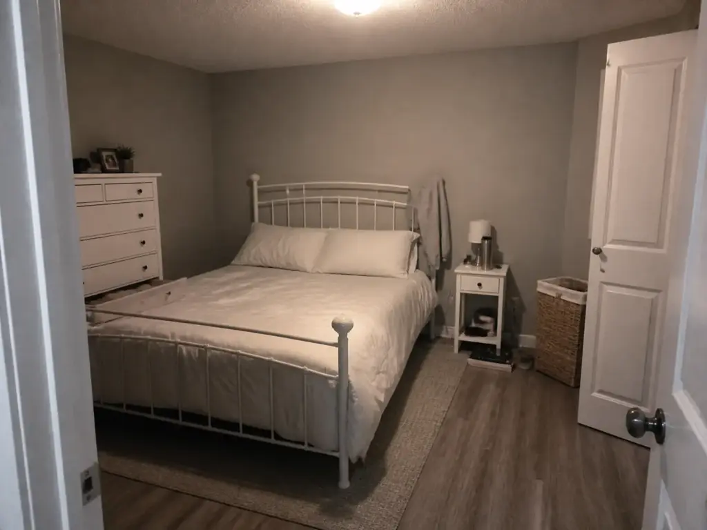 Small bedroom where furniture pushed against every wall leaves a narrow awkward walkway