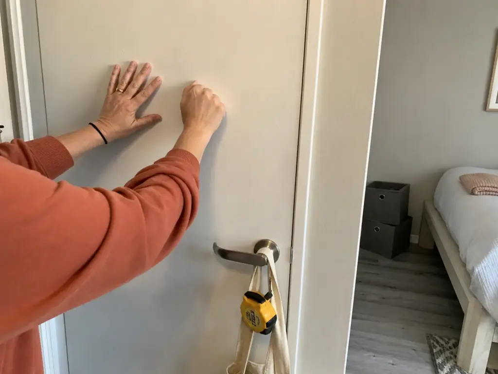 Close-up of hands pressing a knuckle against a bedroom door to test whether it is hollow-core