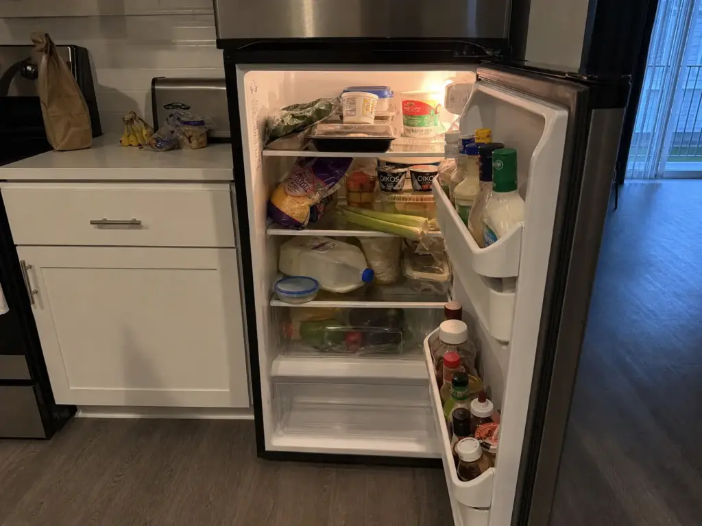 Small apartment refrigerator with door open showing shallow shelves and limited capacity