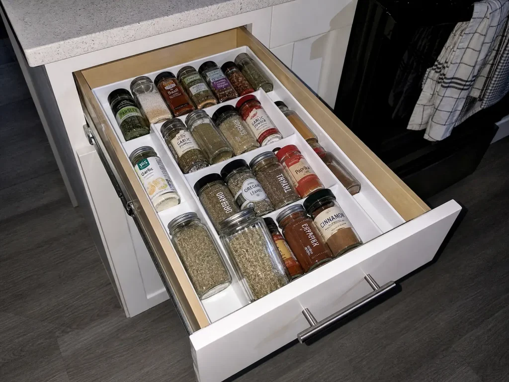 Open kitchen drawer with an expandable spice organizer tray holding jars on their sides, labels up