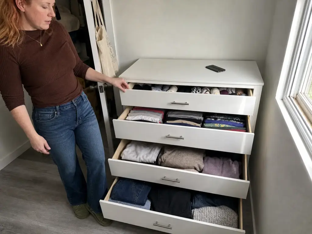 Open dresser drawers with clothes sorted by category, showing which drawer holds which items
