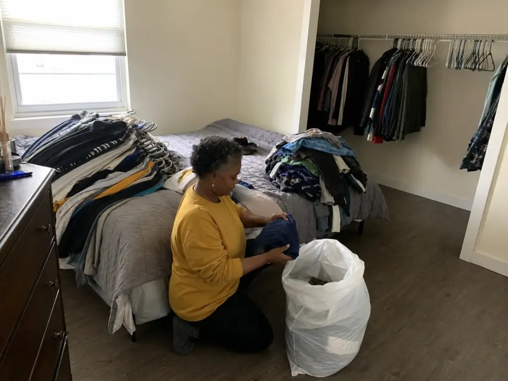 Woman sorting clothes into keep and donate piles on a bed in a small bedroom