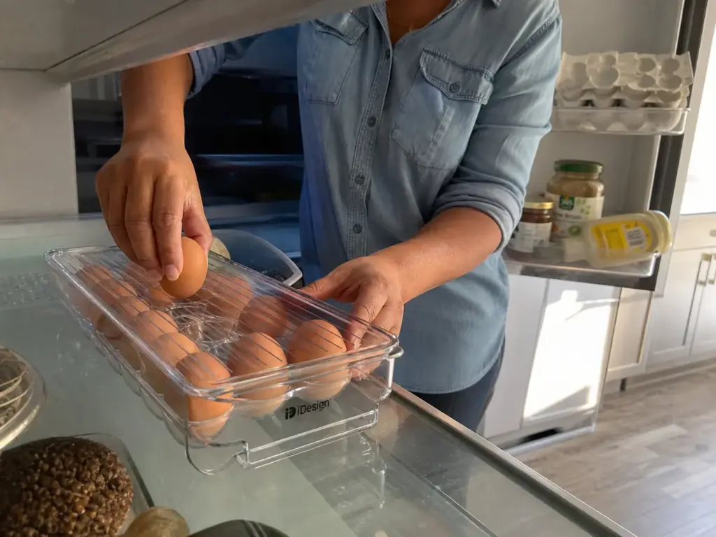 Hands moving eggs from the fridge door into a clear covered egg holder on an interior shelf