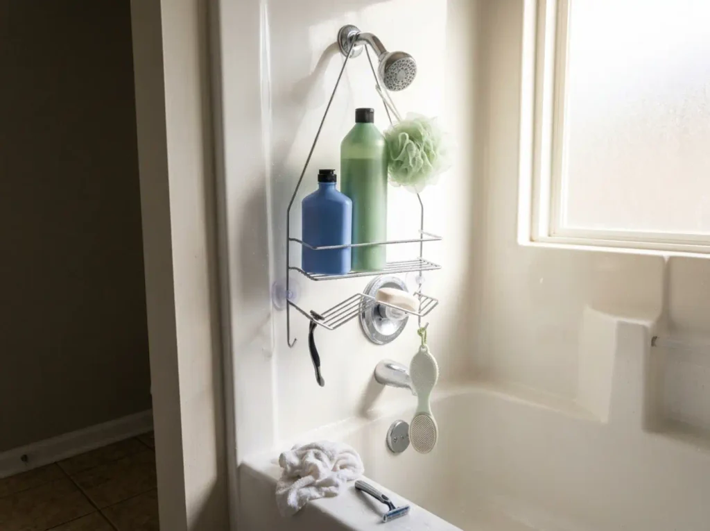 Best Shower Caddies for Renters and Shared Baths 2 Hanging shower caddy loaded with bottles on a fixed showerhead arm in a townhouse shower