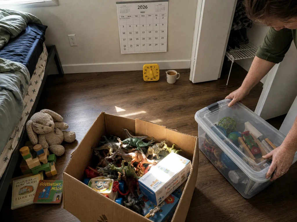 Three sorting piles of toys on a bedroom floor during a timed kids room purge