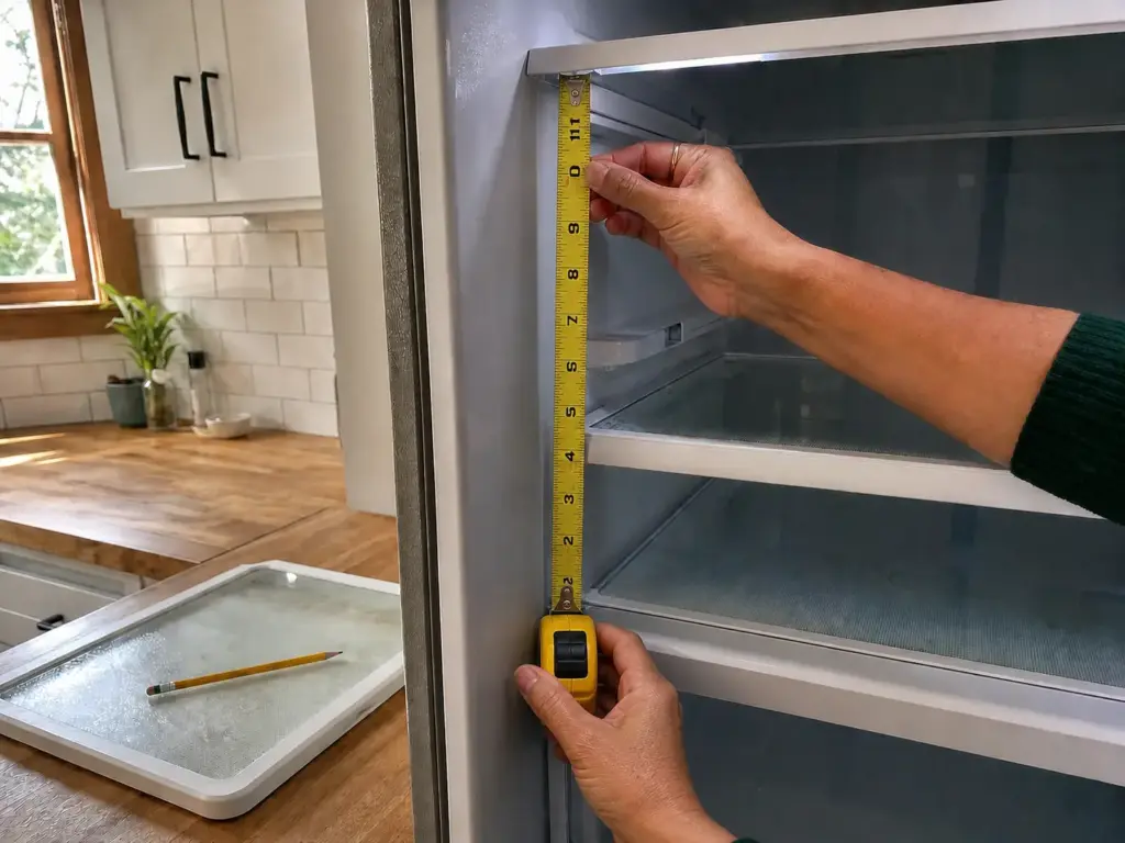 Chalkboard vinyl labels on clear fridge organizer bins dividing a shared refrigerator shelf