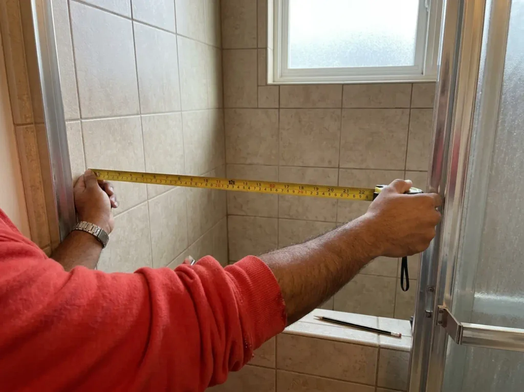 Hands measuring the corner width of a small shower stall with a retractable tape measure